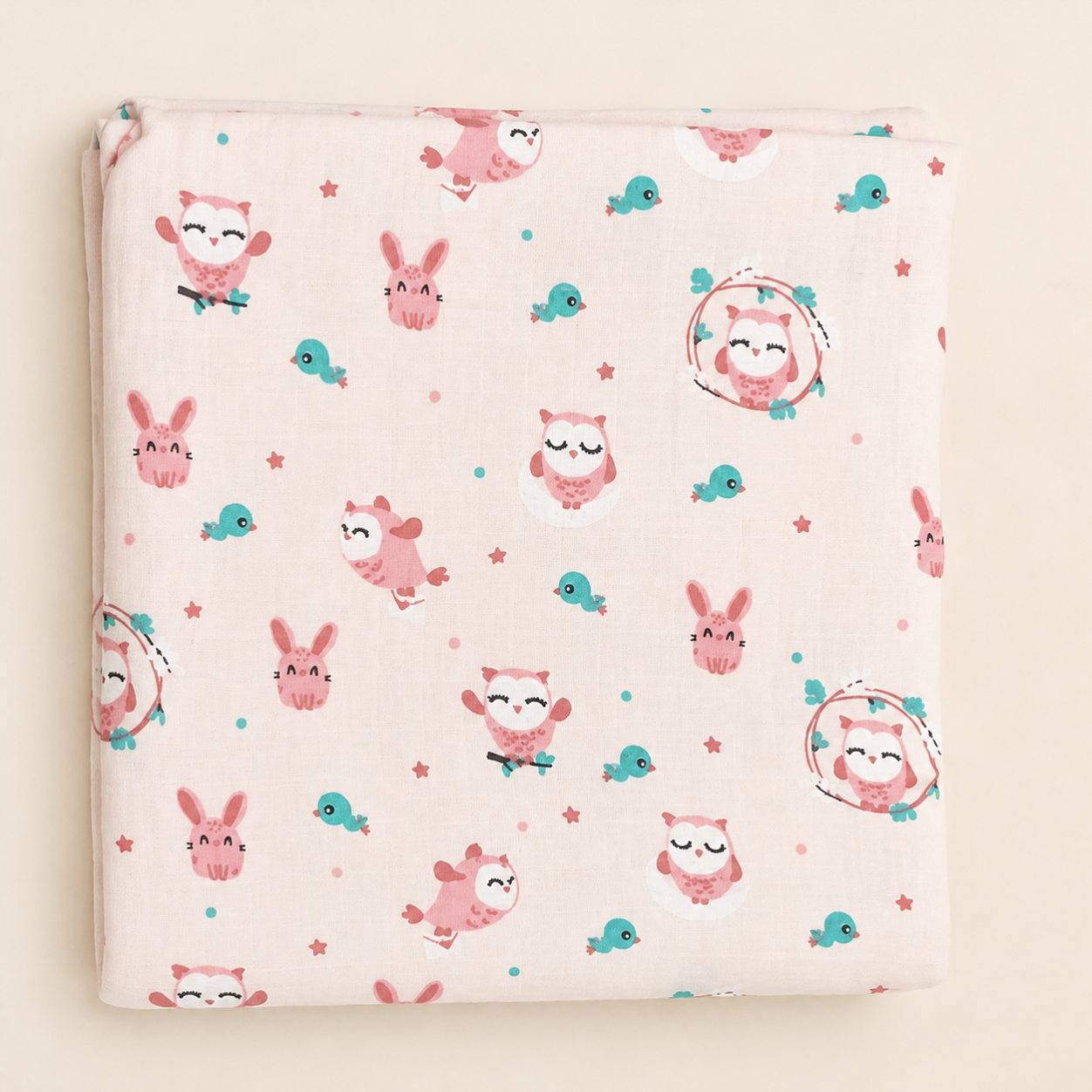 Pink Owl & Bunny Print - Muslin Swaddle - (100*100 cms)