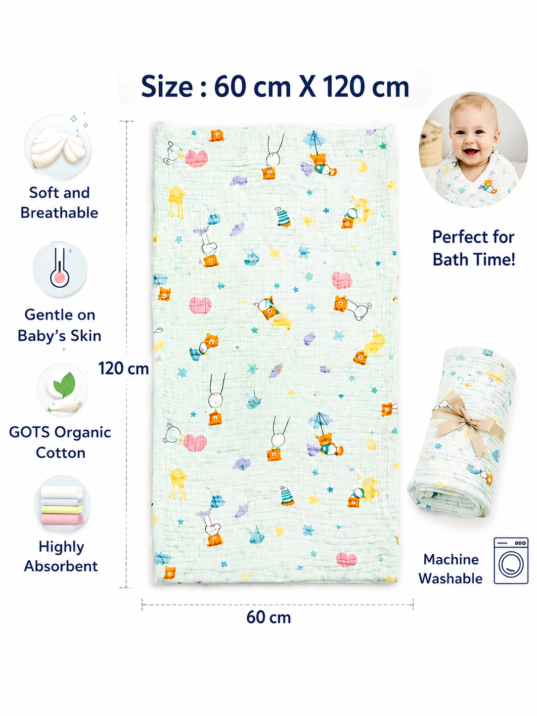 6 Layers Muslin Bath Towel - (60*120 cms) - Assorted Designs - Image 5
