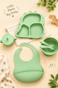 Dino Themed - 6 pcs Silicon Baby Feeding Set