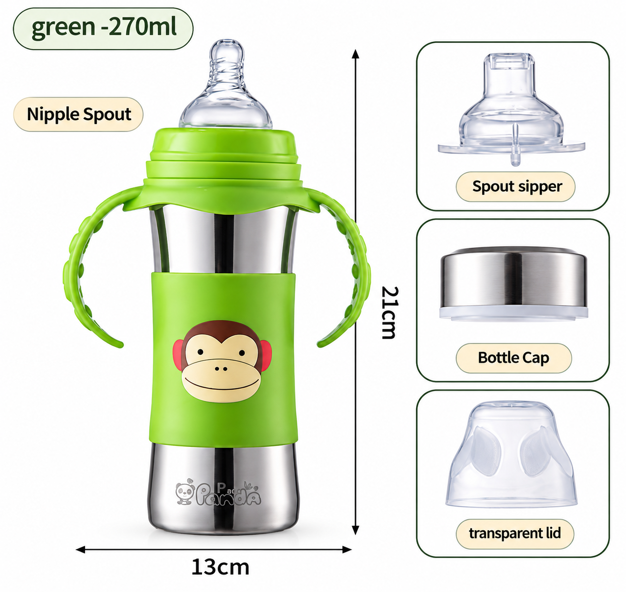 3 in 1 Steel Feeding Bottle - Green Monkey